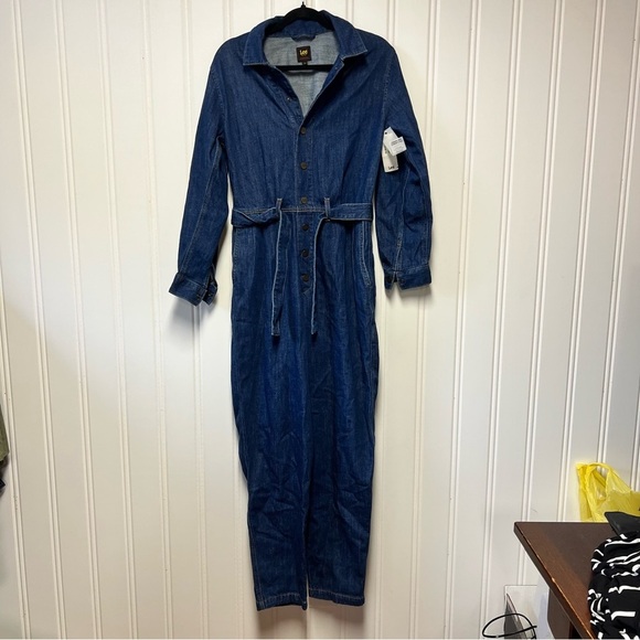 Lee Pants - Lee Denim Jumpsuit Womens Medium Organic Cotton Pleated Overall Belted Blue NWT